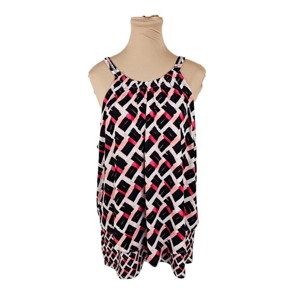 White House Black Market Black Pink Purple Stretchy Chain Neckline Blouse Sz XL - Picture 1 of 6